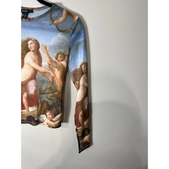 Forever 21 Ladies Crop Sheer Top Stretchy Renaissance Painting Long Sleeve Small - Picture 5 of 9
